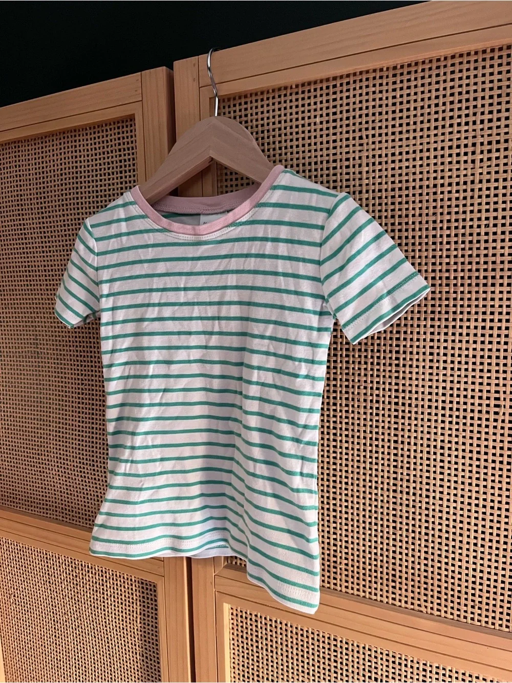 Mini Boden 4Y Green Stripe Tee with Pink Neckline